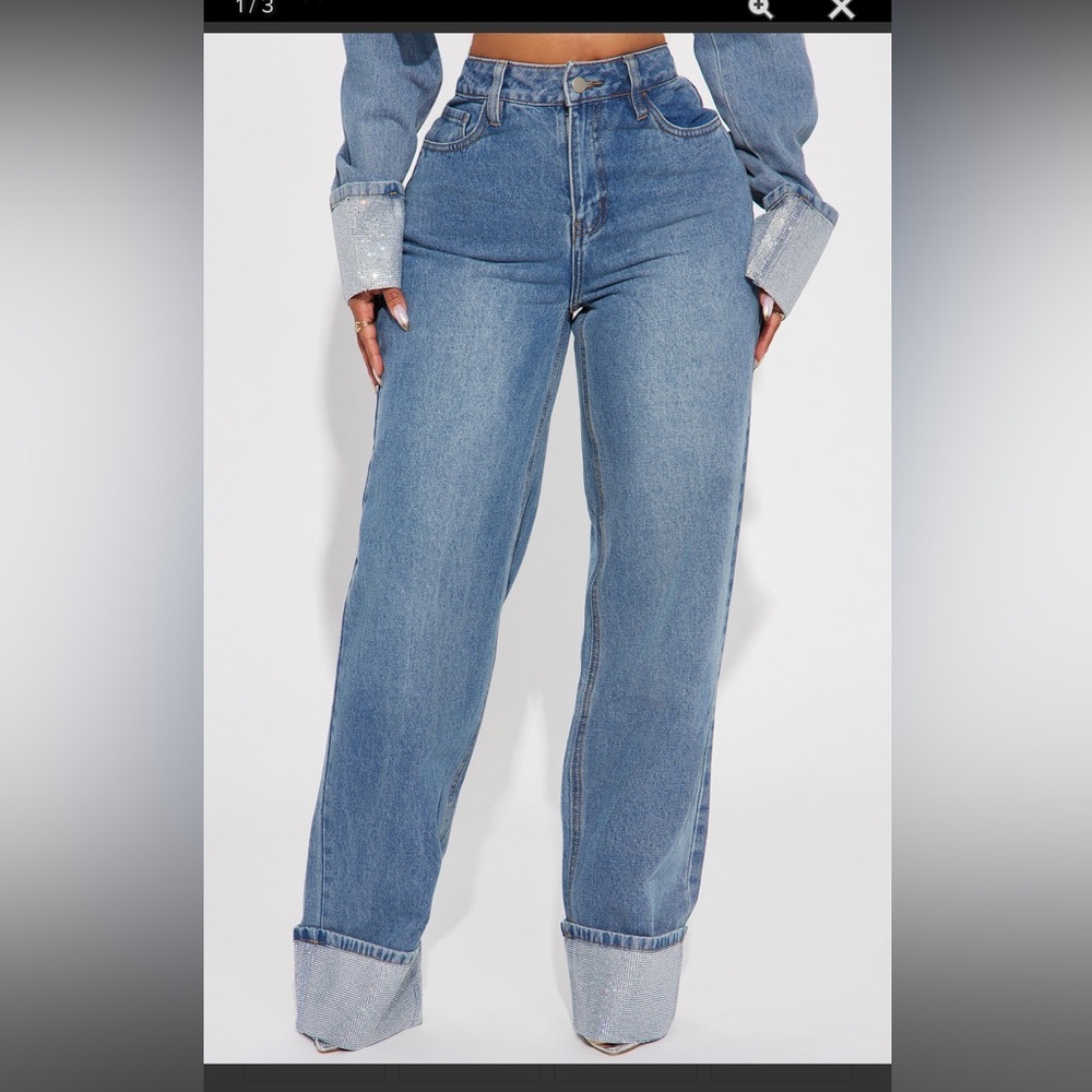 Influential Sparkle Baggy Straight Leg Jeans - Medium Wash